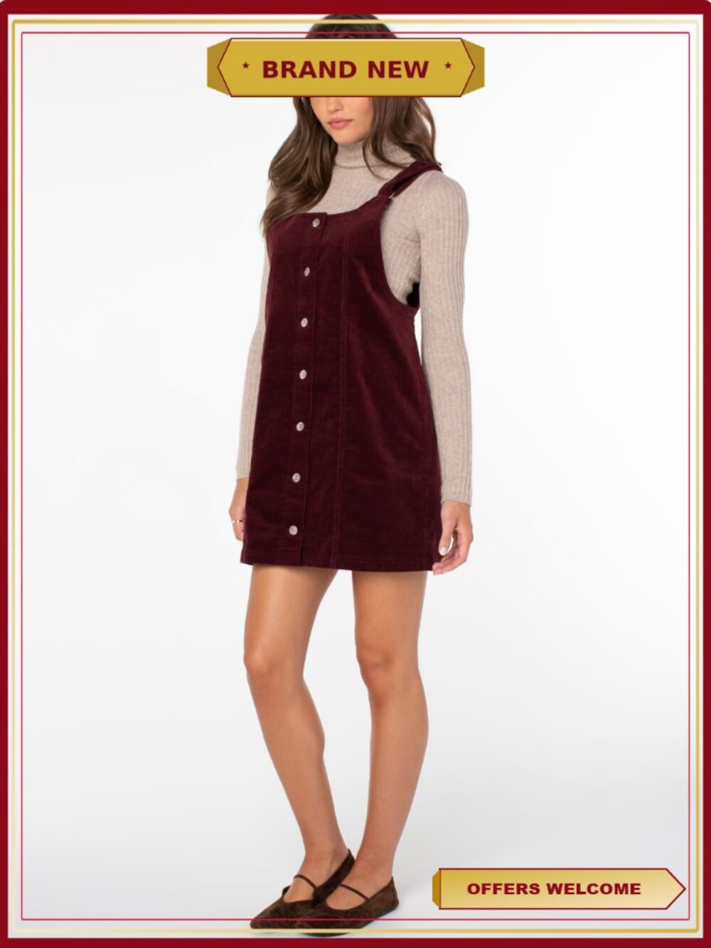 Corduroy Pinafore Mini Dress with Adjustable Straps and Button Front